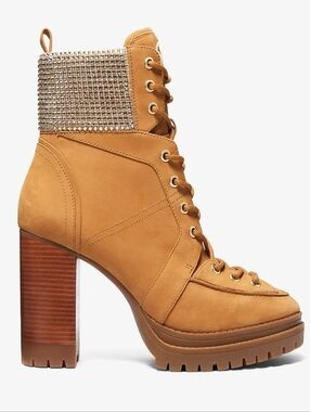 Michael Kors Tan Lace-Up Block Heel Boots with Crystal Collar